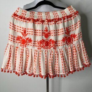 Tessora Women's Orange White 100% Cotton Embroidered Pleated Skirt Size Medium
